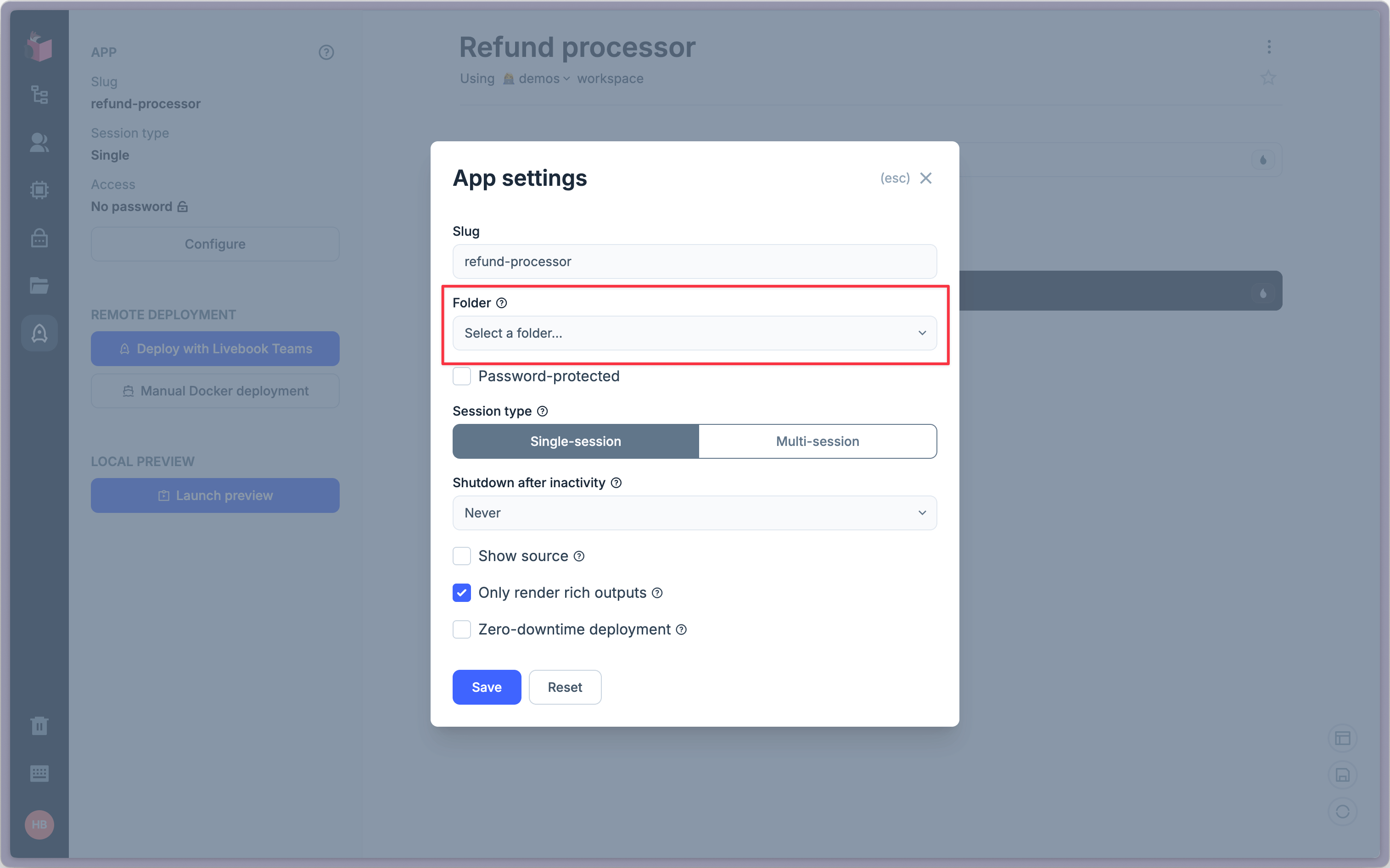 App settings button